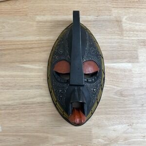 Handcrafted African Wood Mask Ghana Tribal Wall Art Repousse Metal Red 13" 1960s